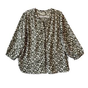 Jachs Girlfriend Green 3/4 Sleeve Collarless Button Up Blouse XL Boho Oversized